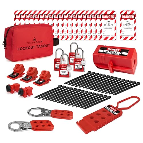 TRADESAFE Electrical Lockout Tagout Kit - Hasps, Clamp on and Universal Multipole Circuit Breaker Lockouts, Tags, Plug Lock, Loto Locks Set (1 Key Each), Red