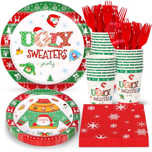 Atonofun Ugly Sweater Party Supplies Ugly Sweater Plates and Napkins Disposable Christmas Plates Cups Napkins and Forks for Christmas Party Decorations Serves 24