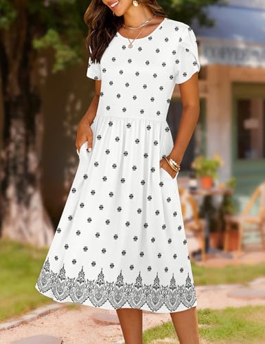 Image of HOTOUCH Women's Summer A-Line Midi Dresses 2026 Casual Floral Short Sleeve T-Shirt Dress Flowy Beach Sundress with Pockets