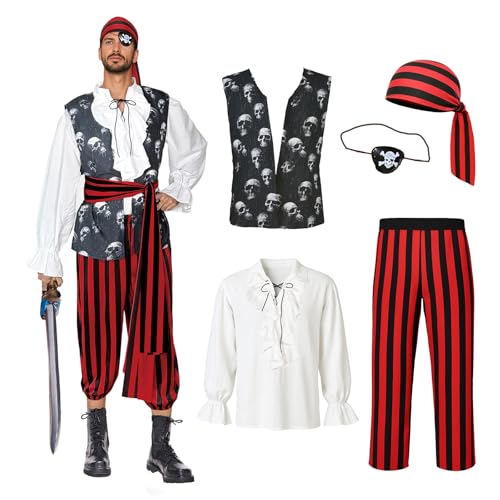 EraSpooky Piratenkostüm für Herren Rot-Schwarz Gestreiftes Korsaren-Outfit
