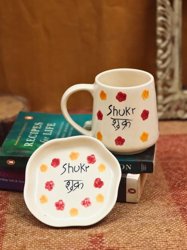Image of WEAVING HOMES Shukr Mug (250ml) and Dessert Plate Set, Ceramic Coffee Mug with Snack Plate, Tea Time Gift Set for Home, Office, Birthday, Housewarming & Festive Gifting