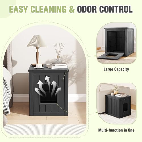 Image of Cat Litter Box Enclosure, Feral Outdoor Cat Enclosure Weatherproof for Winter Outside, Cat Litter Box Furniture Fit Litter Box, Sturdy Resin Shelter for Living Room, Easy to Assemble, Black