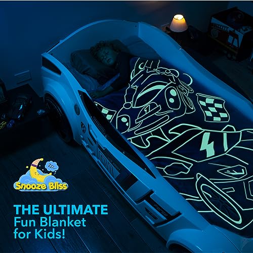 Image of Glow in the Dark Race Car Throw Blanket - Fun Birthday Gift for Kids Who Love Toy Cars & RC Cars. Cool Hot Rod Design with Wheels Burning on the Race Track. Great for Race Car Bed or Boys Room Decor.