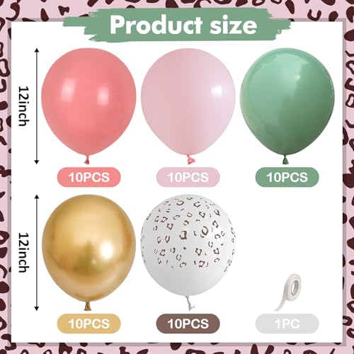 Image of Pink and Green Balloons, Jungle Safari Balloon 12 Inch Leopard Cheetah Print Sage Green Dusty Light Pink Metallic Gold Latex Balloons for Girls Boho Baby Shower Wild One Birthday Party Decorations
