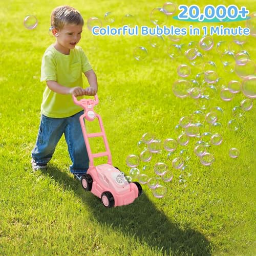 Small Bubble Lawn Mower for Toddlers, Bubble Machine with LED Lights, Automatic Bubble Maker for Outdoor Backyard, Bubble Blower Lawn Mower Toy Gift for Kids Girls (Pink) - Image 3