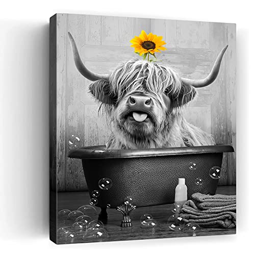 Cow Canvas Wall Art Cute Highland Cow Sunflower Canvas Print Black And White Painting Bathtub Wall Decor Funny Artworks Home Decor For Bathroom Living Room Bedroom Framed Ready To Hang 16x20 Inch