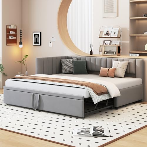 JiaOyu Sofá cama multifuncional extensible 90/180 x 200 cm, sofá de 2 plazas con función de dormir y somier, tapizado en terciopelo, ideal para salón y habitación de invitados (terciopelo y gris claro