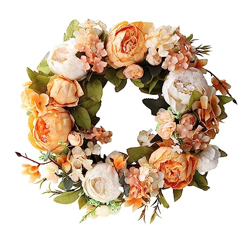 Artificial Silk Peony Floral Wreath, 13.7'' Orange Door Decor Wreath, Spring Summer Fall Winter Large Wreaths for Outdoor Front Door Indoor Wedding Wall Or Window Décor