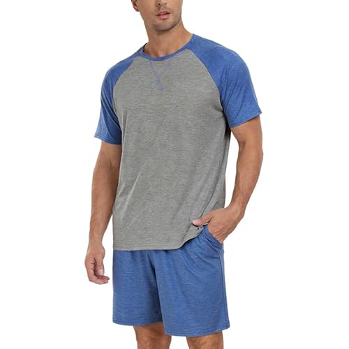 Marvmys Mens Pajama Set Cotton Summer Pjs Short Sleeve Sleepwear Lightweight Pajamas 2 Pieces Loungewear with Pockets S-2XL Small A-navy-grey