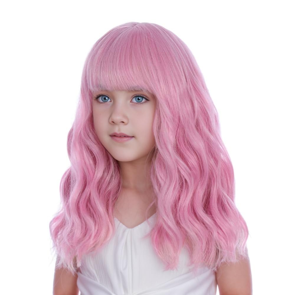 Girls Light Pink Wig with Air Bangs Kids Short Pink Wavy Curly Wigs Child Synthetic Cosplay Hair