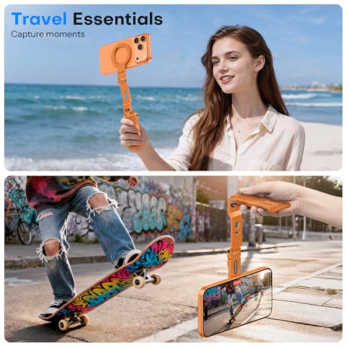 Image of OMOTON TP03 [Ultra-Slim] for MagSafe Tripod, 360 Rotating Magnetic Phone Tripod for iPhone 17 /16 Pro Max Air Women Men, Fold Cell Phone Stand with 1 /4 inch Screw & Hook Fits Vlog, Live, Travel, Orange