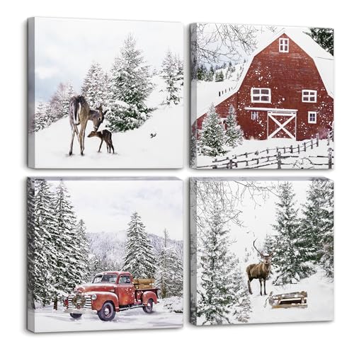 ArtbyHannah Canvas Christmas Wall Art Decor, Winter Snowy Scene Picture Prints for Bathroom Living Room Bedroom, Rustic Xmas Holiday Decorations with Red House, ReinDeer, Truck (4 Pack, 12x12 inch)