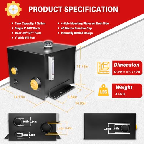Image of 7-Gallon Hydraulic Fluid Reservoir Oil Tank for Tractors, Trucks & Log Splitters, Built-in Sight Gauge Temp Gauge Combo, Heavy Duty Steel Oil Tank Horizontal-Mount