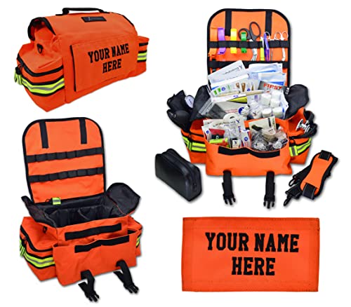Lightning X Personalized First Responder EMT EMS Trauma Bag w/ Stocked First Aid Fill Kit B & Custom Embroidered Name Patch (Orange)