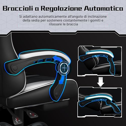 Sedia da Gaming Ergonomica Massaggiante con Poggiapiedi Reclinabile Imbottiti in Finta Pelle, Poltrona Gamer da Scrivania con Poggiatesta e Supporto Lombare Ruote Girevole Bianco - Sedia gaming - Immagine 6