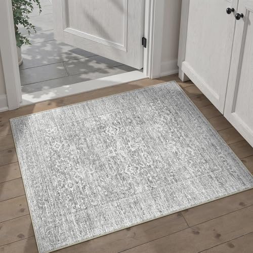 PureCozy Vintage Teppich Wohnzimmer 80x150cm Grau Schlafzimmer Wohnzimmerteppich Waschbarer rutschfest Carpet Boho Bettvorleger Esszimmer BüRo Weich Kurzflor Groß Teppiche