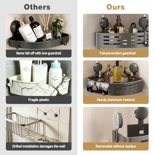 Image of VOLPONE Corner Shower Caddy Suction Cup Shower Shelf Corner No Drilling Bathroom Shower Organizer Storage Rack Adhesive with Towel Bar Hooks &soap holder (2-Pack,Gray)