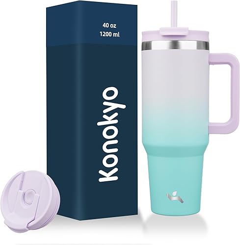 Miniatura 14 de Vaso de 40 onzas con asa y 2 pajillas, botella de agua aislada 2 en 1 con tapa. Taza de viaje de acero inoxidable para café, flores de cerezo Azul