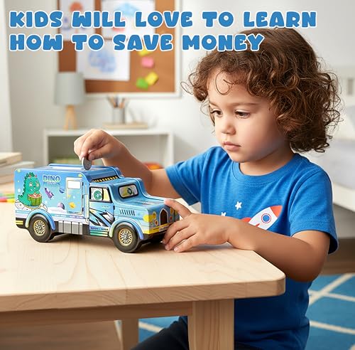 Image of VGRASSP Dinosaur Theme Metal Bus Piggy Bank Toy for Kids - Cute Money Safe with Lock and 2 Keys - Gullak Coin Box Gift for Boys and Girls - Color As Per Stock