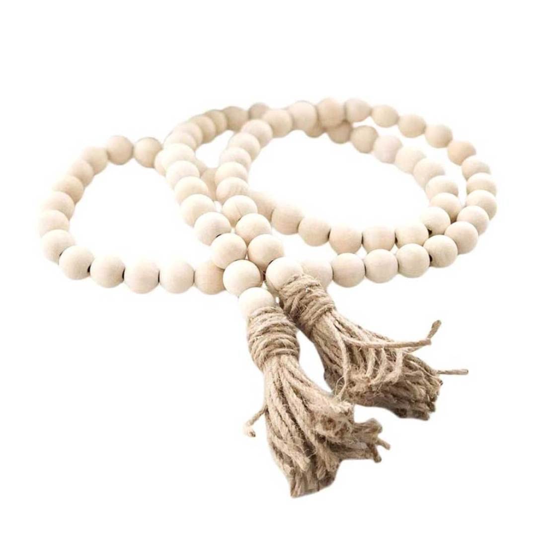 Peosaard Wood Bead Garland with Tassels Rustic Country Wooden Prayer Beads Hanging Decoration 145cm, Wood Bead Garland