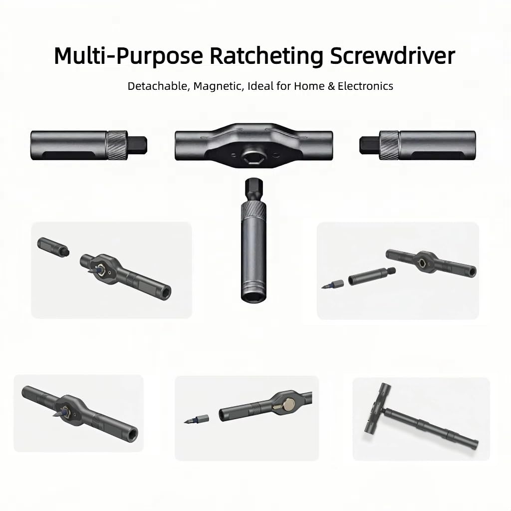Set di cacciaviti magnetici a cricchetto con impugnatura a T, cacciavite a cricchetto multi-bit per elettronica, mobili, computer, biciclette e riparazioni fai da te (grigio)