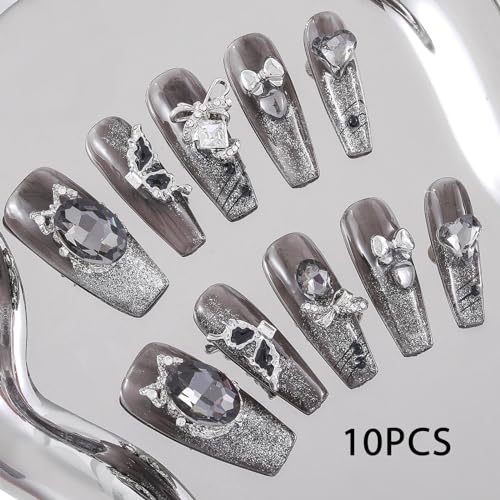 Sethexy Long Coffin Handmade False Nails - Glitter French Tip, Rhinestone, 3D Design Press on Nails Women Salon Stick on Nails 10PCS - Image 3