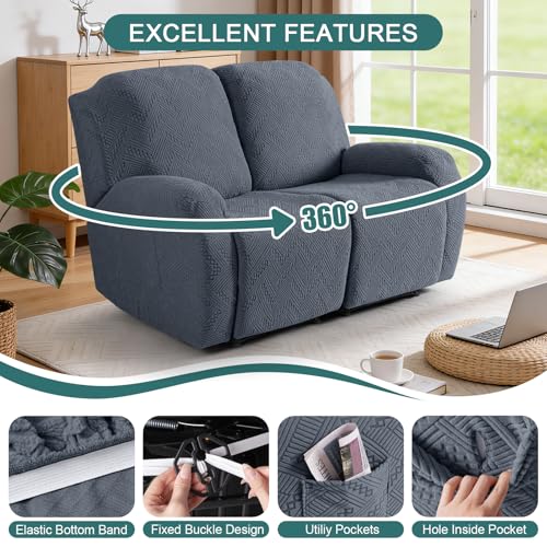 Image of Ruaozz Recliner Sofa Covers Recliner Chair Covers Loveseat Recliner Slipcovers with Pockets Washable Furniture Protector with Elastic Bottom (2 Seater, Grey)