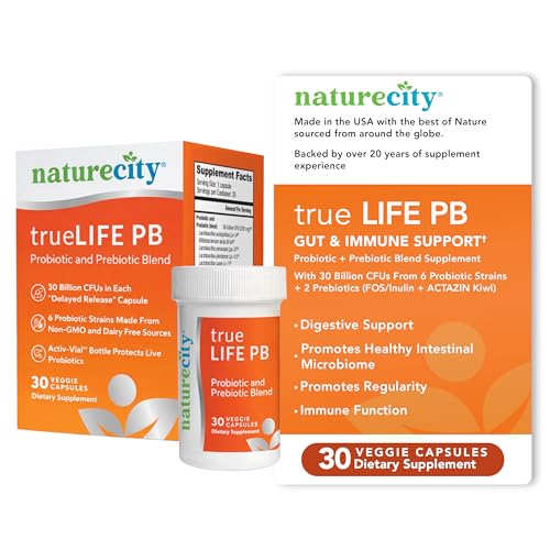 Image of NatureCity True-Life-PB Shelf Stable Blend Prebiotics and Probiotics for Women and Men - Digestive Gut Health Supplements for Women and Men - Dairy Free - (30 Veggie Capsules)