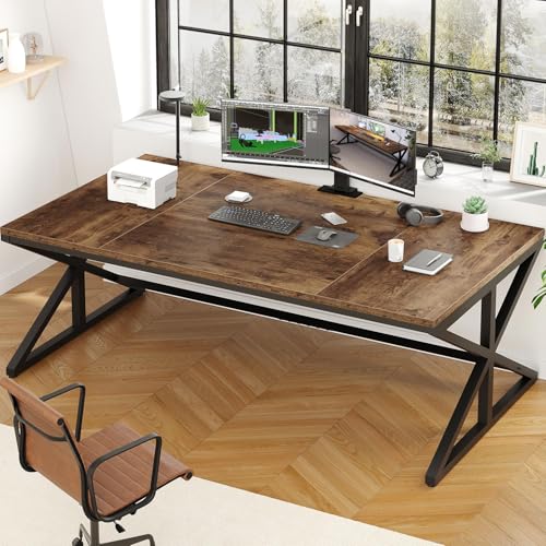 IBF Schreibtisch Holz Industrieller Computertisch für Homeoffice Großer Schreibtisch für 2 Personen Dual Monitor Arbeit Modern Metall PC Studien Schreib Tisch Rustikal Braun 180 x 80 cm