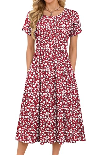 MOLERANI Kleider Damen Sommer - Rundhals Kurzarm Freizeit Kleider Hohe Taille Strandkleid mit Taschen Rotes Blumenmuster M 1