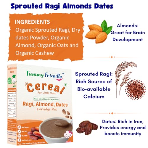 Image of TummyFriendly Foods Certified Organic Sprouted Ragi, Almonds, Oats, Sweet Potato Porridge Mix | Made of Sprouted Ragi Powder, Almond Cereal Organic. Sprouted for Calcium, Iron | Maximum Nutrition From Real Food | Available in Trial Packs too | Shelf-life 9 month | 200g (RagiAlmond)