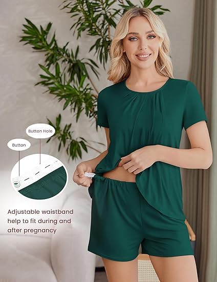 ELESOL Women's Maternity Nursing Pajamas Set Breastfeeding Sleepwear Double Layer Short Sleeve Top & Shorts Nursing Pjs