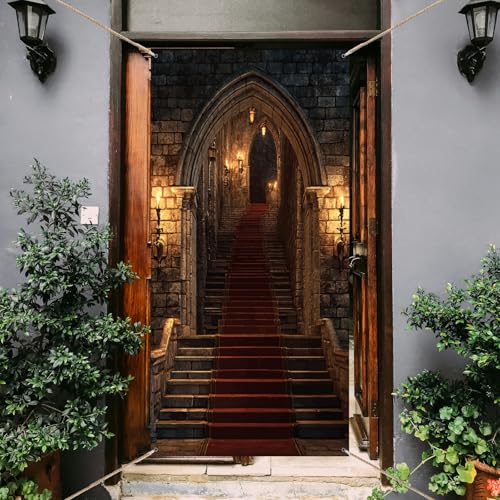 arricraft - 1 cubierta para Puerta de Entrada de Castillo, Escalera de Pared de Ladrillos, Alfombra Roja, Patrones de Velas, Pancarta de Fondo de Foto de Cumpleaños Gótica para Cumpleaños, Halloween
