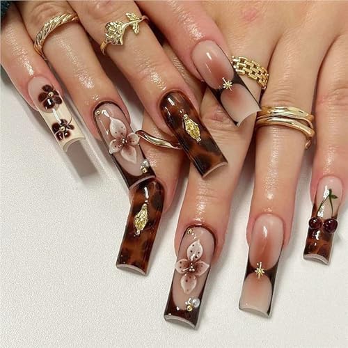 QQPPOLIU Long Press on Nails Square Brown Stick on Nails with Flower Design for Women and Girls