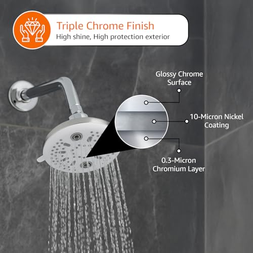 Image of Amazon Basics Shower Head for Bathroom | Round Multifunction 5-Spray Overhead Shower | Wall Mount Bathroom Shower with Pause Function, Chrome Finish, 4.5 Inches
