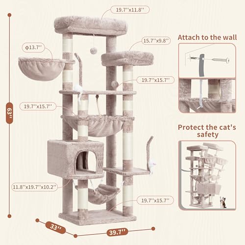 Image of Gitelsnour Cat Tree, 63'' Cat Tower for Large Cats, Big Hammock GCT020MU | Cat Condo, Cat Scratching Posts for Indoor Adult Cats, 4 Platforms( 2 Big 2 Small), 2 Baskets, Sisal Rope, 4 Toys, Mushroom