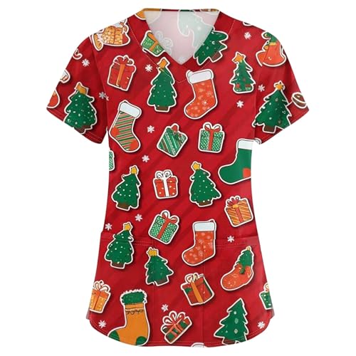 Navidad Uniforme de Trabajo Mujer Casacas Sanitarias Mujer Manga Corta Cuello V para Enfermeras, Dentistas, Médicos, Estudiantes y Veterinarios