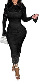 Women Sexy Long Sleeve Bodycon Midi Dresses See Through Lace Dress 2 Piece Dress Set Birthday Date Night Outfit