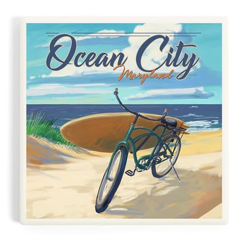 Lantern Press Ocean City, Maryland, Beach Cruiser on Beach (Absorbent Ceramic Coaster, Single, Cork Back, Kitchen Table Decor)