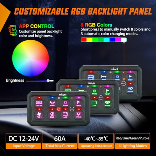 Image of Nilight 8 Gang Switch Panel APP RGB 12V 24V Circuit Control System 4-Mode | w /Power Source Switch APP Remote Control Automatic Dimmable Toggle /Momentary /Strobe /Flash for Car Pickup Truck Camper SUV