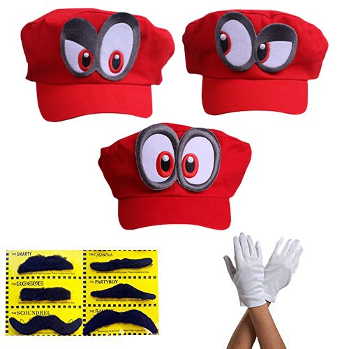 3x Super Mario gorra Odyssey - Conjunto de 3x guantes y 6x barba pegajosa Costume para adultos y niños - Perfecto para el Carnaval y el Cosplay