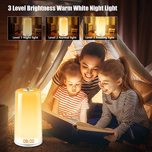 Elfeland Wake Up Light Alarm Clock Sunrise Simulation Digital LED Clock with 5 Natural Sounds & Snooze Function, 256 Color RGB Mode Night Light, Touch Control Dimmable Bedside Lamp for Bedrooms Gift