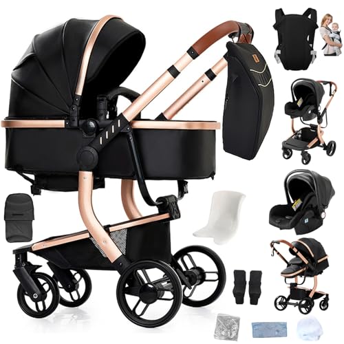 Reenborn Cuero PU Carrito Bebe 3 en 1, Carro Bebe con Diseño Plegable con Un Solo Clic, Cochecito con Dos Modos de Empuje Reversibles, Carricoche 3 Piezas con Marco de Aluminio (L518 Black)