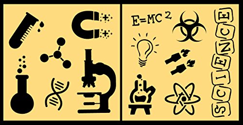 Auto Vynamics - STENCIL-SCIENCESET01-10 - Detailed Science & Equipment Stencil Set - Featuring Microscope, Magnet, DNA Helix, More! - 10-by-10-inch Sheet - (2) Piece Kit - Pair of Sheets