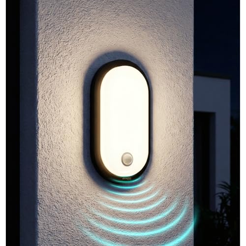 Oktaplex Plato Außenlampe mit Bewegungsmelder und Dauerlicht Schalter 3000K warmweiß 1010lm IP65 LED Wandleuchte Oval anthrazit 10,5W 230V