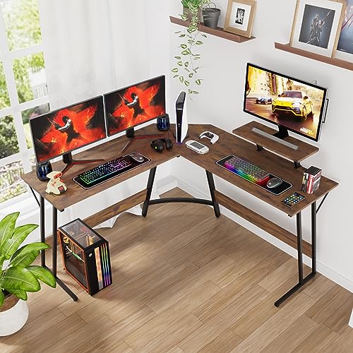 Image of PayLessHere L Shaped Desk Corner Gaming Desk Computer Desk with Large Desktop Studying and Working and Gaming for Home and Work Place,Brown