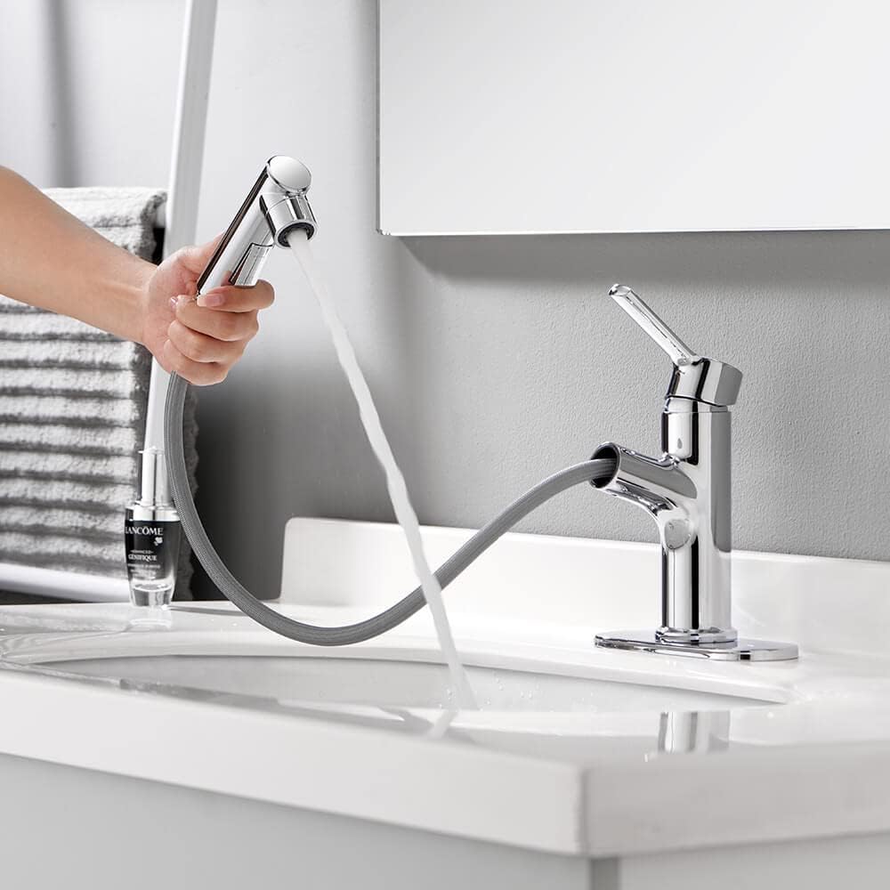 Bathroom Faucet with Pull Out Sprayer Chrome Copper Single Handle Kitchen Basin Mixer Tap with Three Modes Rotating Spout Hot and Cold Water Modern Vanity Basin Faucets with Sprayer