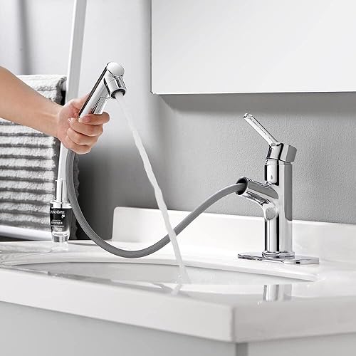 LAZ HOME Grifo de baño con rociador extraíble de cobre cromado monomando para lavabo de cocina con tres modos de pulverizador, boquilla giratoria,