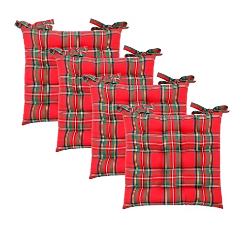 COTTON CRAFT Christmas Tartan Plaid Set of 4 Dining Cushion Chair Pads with Ties - Holiday Gingham Buffalo Check - Xmas Party Celebration - Durable Cotton Fabric Thick Comfy Poly Fill - 17x17 in - Red