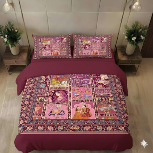 TIB® Glace Cotton Jaipuri Bedsheets for Double Bed King Size, 7d Bedsheet King Size with 2 Pillow Covers, 90x100, Color Name (Maroon Girl)